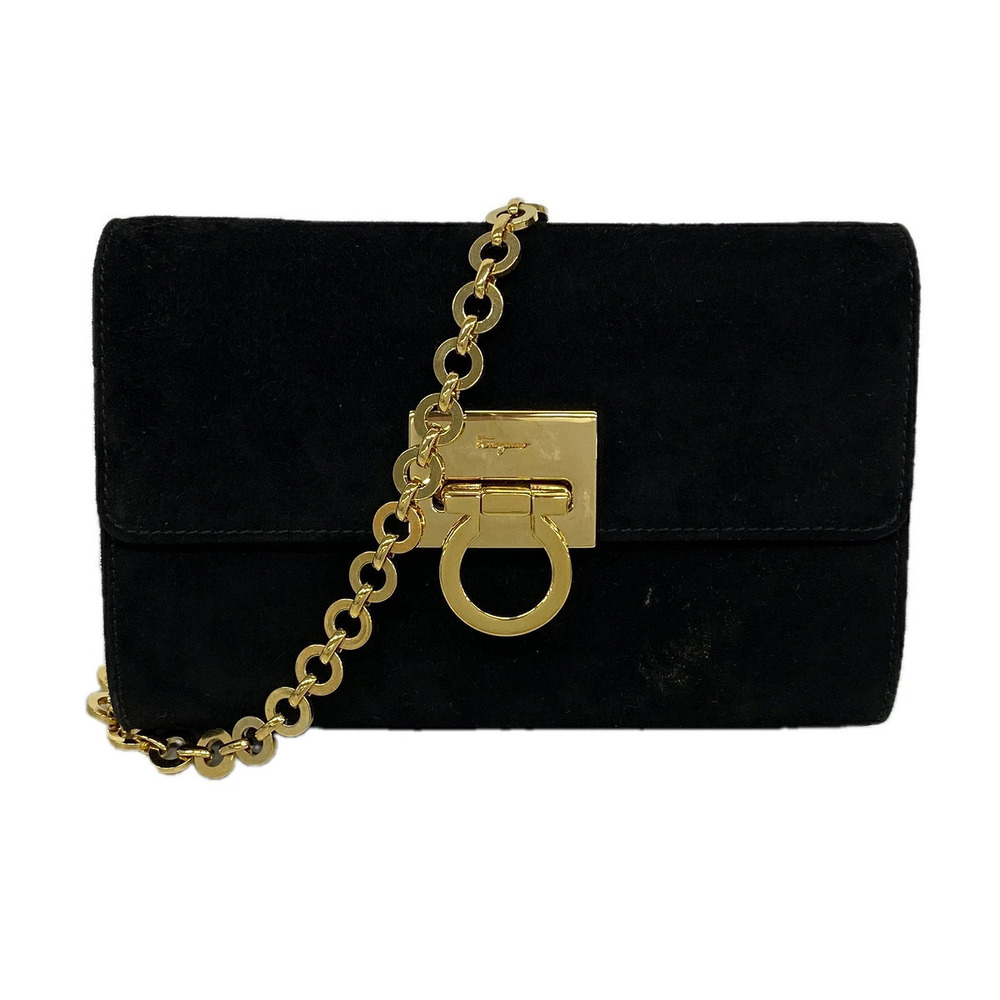 Salvatore Ferragamo Gancini Suede Shoulder Bag Black